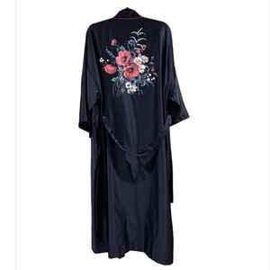 Vintage Kimono Style Satin Floral Long Navy Long Robe Women Sz 10– 12 Made in UK